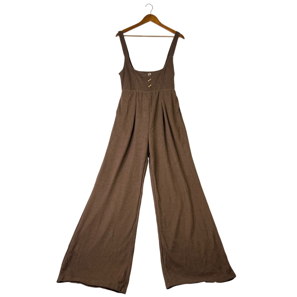 Halara Ribbed Knit Jumpsuit Women Size L Brown Wide Leg Button Front Knit NWT